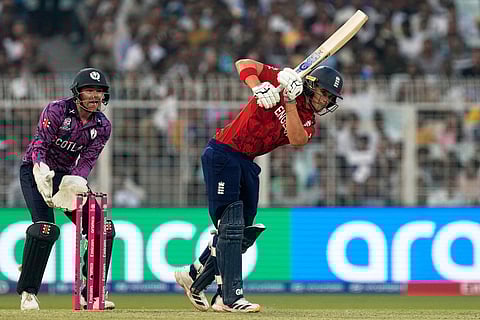 England's Jacob Bethell plays a shot during the T20 World Cup cricket match between England and Scotland in Kolkata, India.