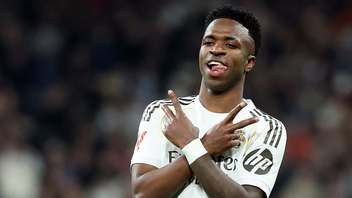Vinicius Junior celebrates after scoring Real Madrid's fourth goal - null