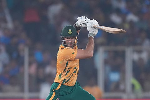 South Africa's captain Aiden Markram plays a shot during the T20 World Cup cricket match between South Africa and New Zealand in Ahmedabad.