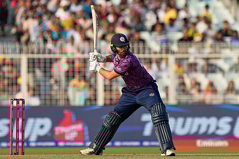 Scotland's Tom Bruce plays a shot during the T20 World Cup cricket match between England and Scotland in Kolkata, India