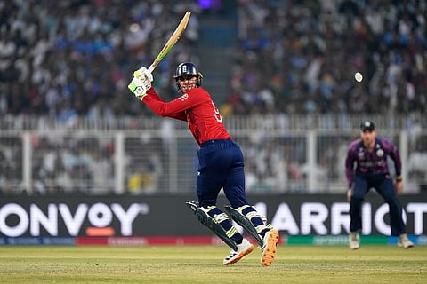 England's Tom Banton plays a shot during the T20 World Cup cricket match between England and Scotland in Kolkata, India.