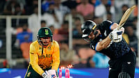 ProteasMenCSA/X : Glenn Phillips getting cleaned up by Keshav Maharaj during NZ vs SA ICC T20 World Cup 2026 Group D match at the Narendra Modi Stadium in Ahmedabad