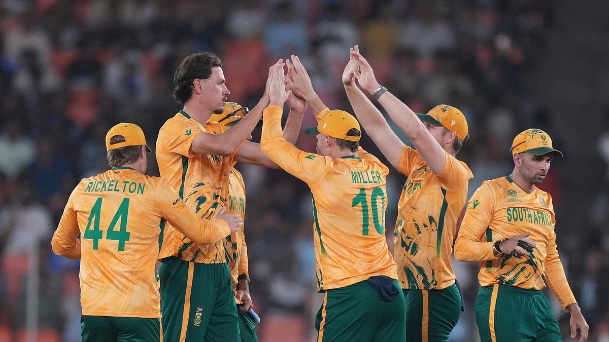 South Africa's Marco Jansen, celebrates with teammates the wicket of New Zealand's Tim Seifert during the ICC T20 World Cup 2026 Group D cricket match between South Africa and New Zealand in Ahmedabad - AP Photo