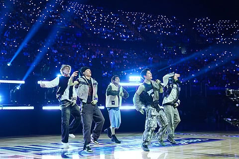 K-pop band Cortis performs during halftime in an NBA basketball's All-Star-Celebrity Game in Inglewood, Calif. 