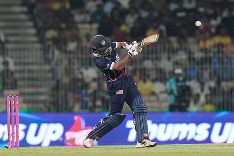 United States' Saiteja Mukkamala plays a shot during the T20 World Cup cricket match between Netherlands and United States in Chennai, India.