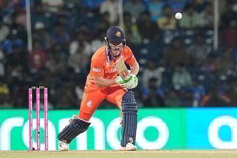 Netherlands' Bas de Leede plays a shot during the T20 World Cup cricket match between Netherlands and United States in Chennai, India.