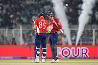 | Photo: AP/Bikas Das : England's Will Jacks, left, and batting partner Tom Banton celebrate after England won the T20 World Cup cricket match against Scotland in Kolkata.