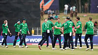 AP Photo/Eranga Jayawardena : Ireland's players celebrates after won the T20 World Cup cricket match against Oman in Colombo, Sri Lanka, Saturday, Feb. 14, 2026.