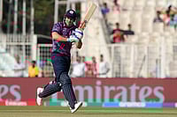 | Photo: AP/Bikas Das : Scotland's George Munsey bats during the T20 World Cup cricket match between England and Scotland in Kolkata, India.