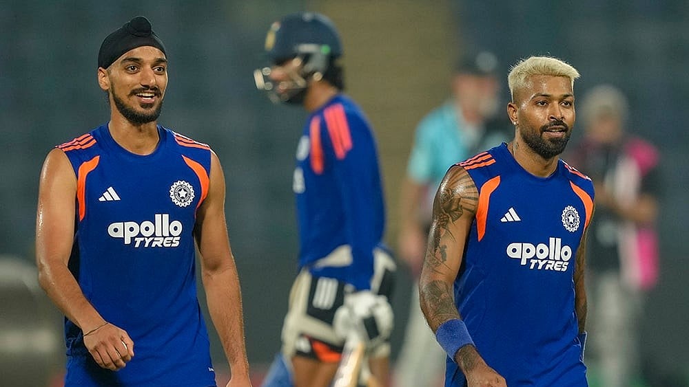 India's Arshdeep Singh, left, and Hardik Pandya during a training session ahead of the ICC Men's T20 World Cup 2026 cricket match between India and Namibia, at Arun Jaitley Stadium, in New Delhi. - | Photo: PTI/Shahbaz Khan