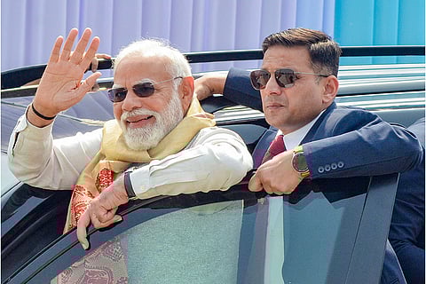 Prime Minister Narendra Modi upon his arrival to attend an aerial show featuring IAF's fighter jets, transport aircraft and helicopters at the Emergency Landing Facility (ELF), in Dibrugarh district, Assam. PM Modi landed at the first Emergency Landing Facility of the northeast aboard the IAF's C-130J aircraft. 