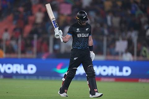 New Zealand's Finn Allen leaves the ground after losing his wicket during the T20 World Cup cricket match between South Africa and New Zealand in Ahmedabad.
