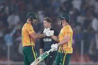 NZ Vs SA, ICC T20 World Cup 2026: Proteas Beat Kiwis By 7 Wickets | Photo: AP/Ajit Solanki : South Africa's captain Aiden Markram, left, and South Africa's David Miller, right, celebrates after they won the the T20 World Cup cricket match against New Zealand in Ahmedabad.