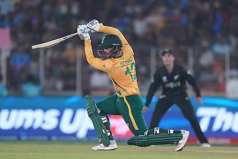 South Africa's Quinton de Kock plays a shot during the T20 World Cup cricket match between South Africa and New Zealand in Ahmedabad.