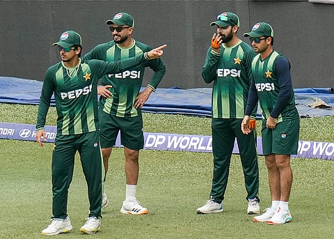 Pakistan's Saim Ayub, Salman Ali Agha and others during a practice session ahead of an ICC Men's T20 World Cup 2026 cricket match between India and Pakistan, at R Premadasa Stadium, in Colombo, Sri Lanka.