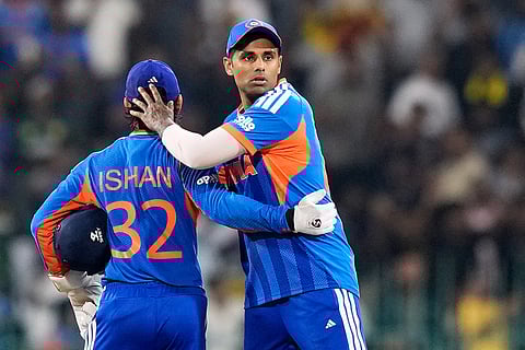 India's captain Suryakumar Yadav, right, and Ishan Kishan celebrate after India won their T20 World Cup cricket match against Pakistan in Colombo, Sri Lanka.