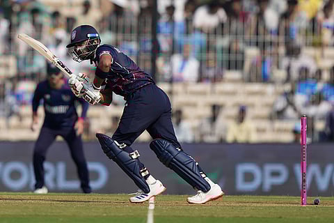 United States' captain Monank Patel plays a shot during the T20 World Cup cricket match between Namibia and USA in Chennai.