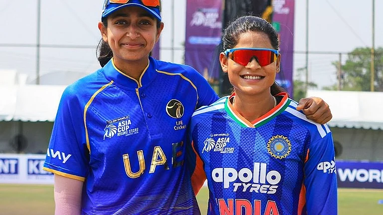 India A captain Radha Yadav and UAE captain Esha Oza at the toss ahead of their ACC Women's Asia Cup Rising Stars match on February 13, 2026. - | Photo: X/ACCMedia1