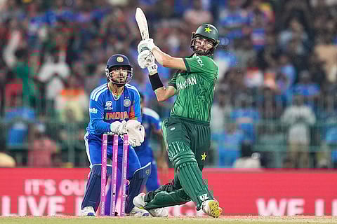 Pakistan's Shaheen Shah Afridi plays a shot during the T20 World Cup cricket match between India and Pakistan in Colombo, Sri Lanka.
