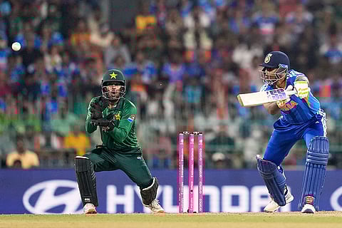 India's captain Suryakumar Yadav plays a shot during the T20 World Cup cricket match between India and Pakistan in Colombo, Sri Lanka.