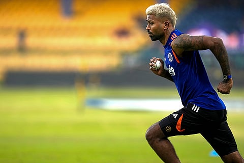 India's Hardik Pandya during a practice session ahead of an ICC Men's T20 World Cup 2026 cricket match between India and Pakistan, at R Premadasa Stadium, in Colombo.