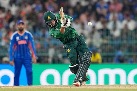 Pakistan's Usman Khan plays a shot during the T20 World Cup cricket match between India and Pakistan in Colombo, Sri Lanka.