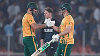 | Photo: AP/Ajit Solanki : South Africa's captain Aiden Markram, left, and South Africa's David Miller, right, celebrates after they won the the T20 World Cup cricket match against New Zealand in Ahmedabad.