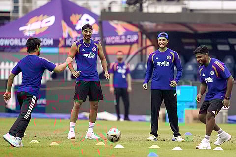 India's Ishan Kishan, Arshdeep Singh, Abhishek Sharma and Sanju Samson during a practice session ahead of an ICC Men's T20 World Cup 2026 cricket match between India and Pakistan, at R Premadasa Stadium, in Colombo.
