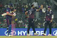 | Photo: AP/Mahesh Kumar A. : United States' captain Monank Patel, right, and Mohammad Mohsin, center, celebrates after won the T20 World Cup cricket match against Namibia in Chennai.