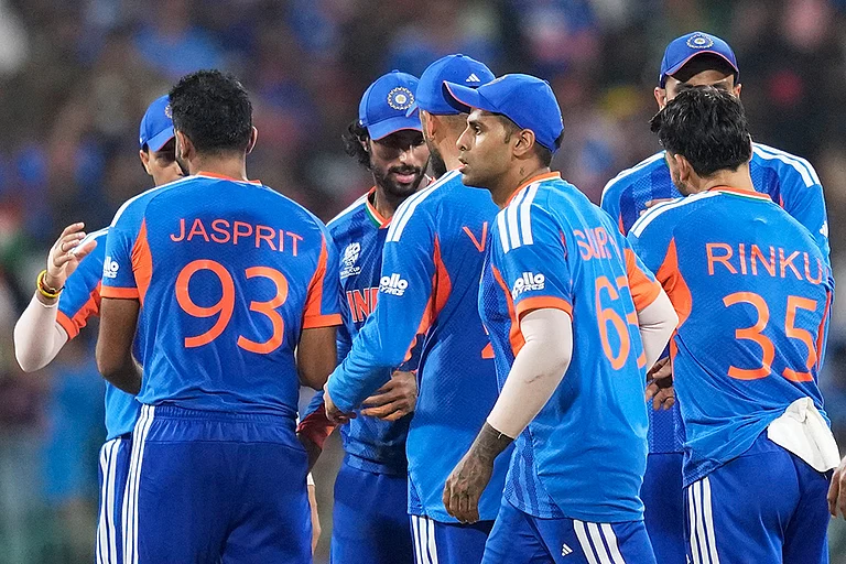 India's players celebrate after winning their T20 World Cup cricket match against Pakistan in Colombo, Sri Lanka. - | Photo: AP/Eranga Jayawardena