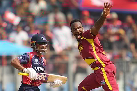 West Indies' Matthew Forde appeals successfully for the wicket of Nepal's captain Rohit Paudel during the T20 World Cup cricket match between Nepal and West Indies in Mumbai.
