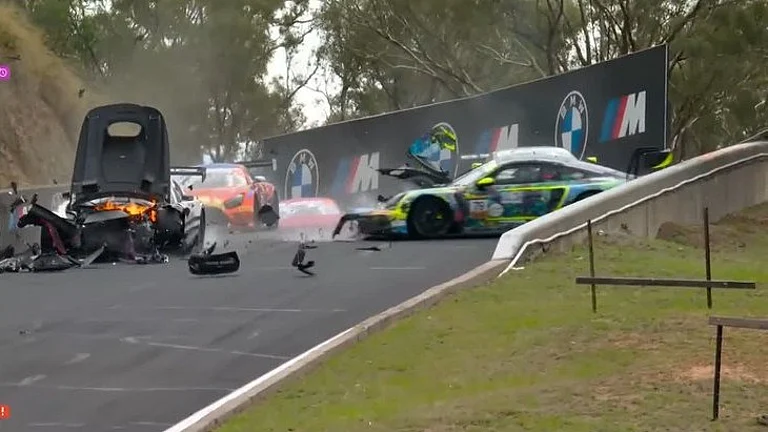 A screengrab from the video depicting the dangerous car crash in the Bathurst 12 Hour race at the Mount Panorama Circuit. - X/Intercontinental GT Challenge