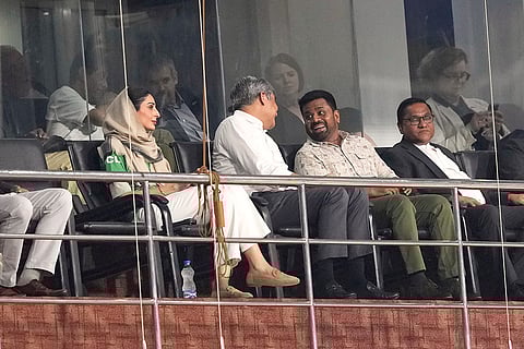 Sri Lankan President Anura Kumara Dissanayake, second right, watches the T20 World Cup cricket match between India and Pakistan in Colombo, Sri Lanka.