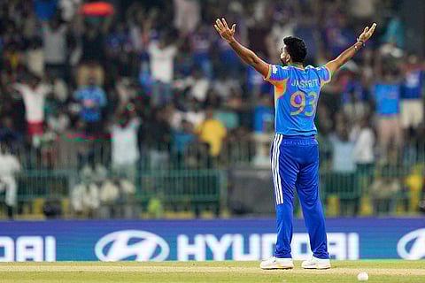 India's Jasprit Bumrah celebrates the wicket of Pakistan's Saim Ayub during the T20 World Cup cricket match between India and Pakistan in Colombo, Sri Lanka.