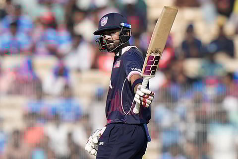United States' captain Monank Patel celebrates his fifty runs during the T20 World Cup cricket match between Namibia and USA in Chennai.