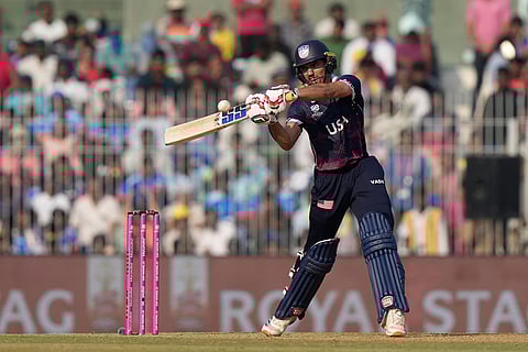 United States' Sanjay Krishnamurthi hits a six during the T20 World Cup cricket match between Namibia and USA in Chennai.
