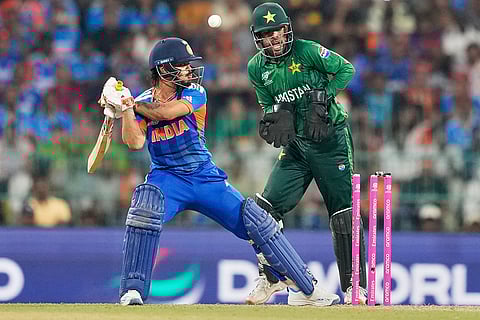 India's Ishan Kishan is bowled out by Pakistan's Saim Ayub during the T20 World Cup cricket match between India and Pakistan in Colombo, Sri Lanka.