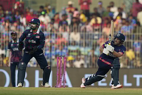 Namibia's Nicol Loftie-Eaton plays a shot during the T20 World Cup cricket match between Namibia and USA in Chennai.