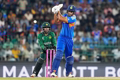 India's Shivam Dube plays a shot during the T20 World Cup cricket match between India and Pakistan in Colombo, Sri Lanka.
