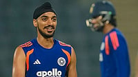 | Photo: PTI/Shahbaz Khan : India's Arshdeep Singh, left, and Hardik Pandya during a training session ahead of the ICC Men's T20 World Cup 2026 cricket match between India and Namibia, at Arun Jaitley Stadium, in New Delhi.