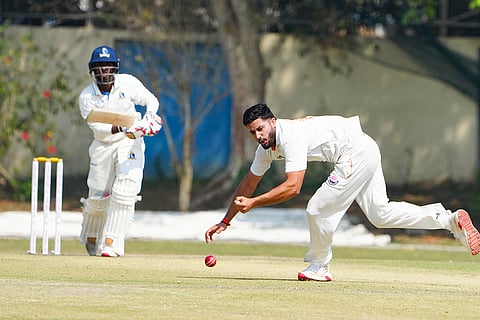 Jammu and Kashmir's Yudhvir Singh drops a catch of Bengal's Sudip Kumar Gharami during the Ranji Trophy 2025-26 semi-final match between Bengal and Jammu and Kashmir, at Bengal Cricket Academy Ground, in Kalyani, West Bengal.