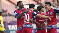 Photo: X/Jamshedpur FC : Jamshedpur FC players celebrate Madih Talal's goal against Mohammedan Sporting in their Indian Super League 2025-26 clash.