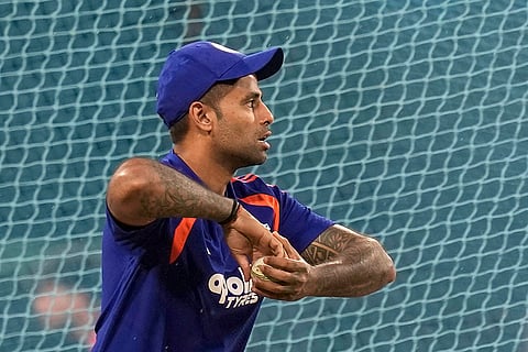 India's captain Suryakumar Yadav during a practice session ahead of an ICC Men's T20 World Cup 2026 cricket match between India and Pakistan, at R Premadasa Stadium, in Colombo.