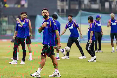 India's Varun Chakaravarthy, front, during a practice session ahead of an ICC Men's T20 World Cup 2026 cricket match between India and Pakistan, at R Premadasa Stadium, in Colombo, Sri Lanka.