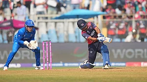 | Photo: AP/Rafiq Maqbool : Nepal's captain Rohit Paudel plays a shot during the T20 World Cup cricket match between Italy and Nepal in Mumbai, India.
