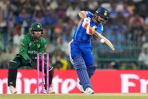India's Ishan Kishan plays a shot during the T20 World Cup cricket match between India and Pakistan in Colombo, Sri Lanka.