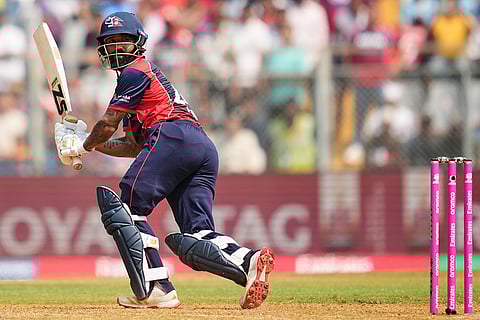 Nepal's Dipendra Singh Airee plays a shot during the T20 World Cup cricket match between Nepal and West Indies in Mumbai.