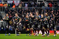 | Photo: Jacob King/PA via AP : Leeds United players celebrate after winning the penalty shoot out at the end of the Emirates FA Cup fourth round match between Leeds United and Bimingham City, in Birmingham, England.
