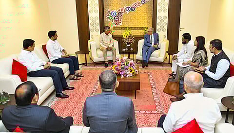 Andhra Pradesh Chief Minister N Chandrababu Naidu with Former Microsoft CEO Bill Gates, and others during a meeting, in Amaravati, Andhra Pradesh. 