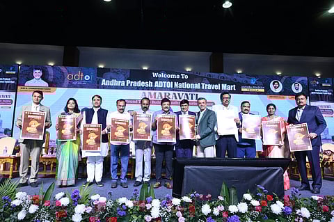 Dignitaries on the dais Sri Kandula Durgesh-Minister for AP Tourism, Dr. Nukasani Balaji, Chairman APTDC,  Sri Ajay Jain, IAS, Special Chief Secretary, AP Tourism, Smt. Amrapali Kata, IAS, CEO & MD-APTA during the AP Travel Mart 2026